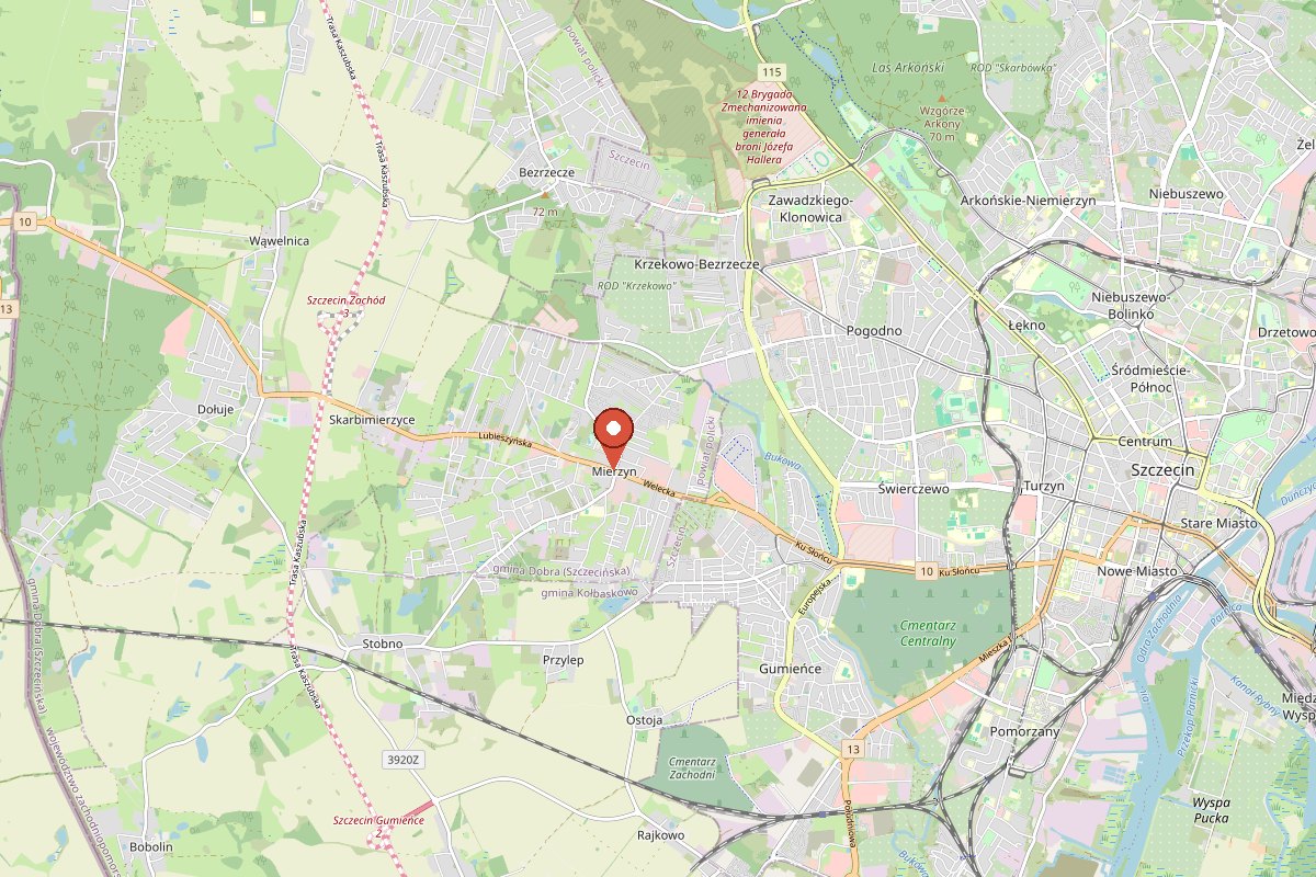 Map of western Szczecin and Mierzyn with a pin marking the area of the planned bypass on national road 10