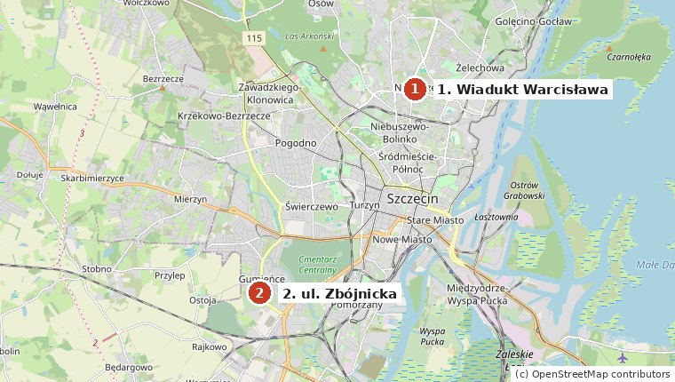 Map of Szczecin marking two roadwork sites: the Warcisława viaduct in the north and Zbójnicka Street in Gumieńce